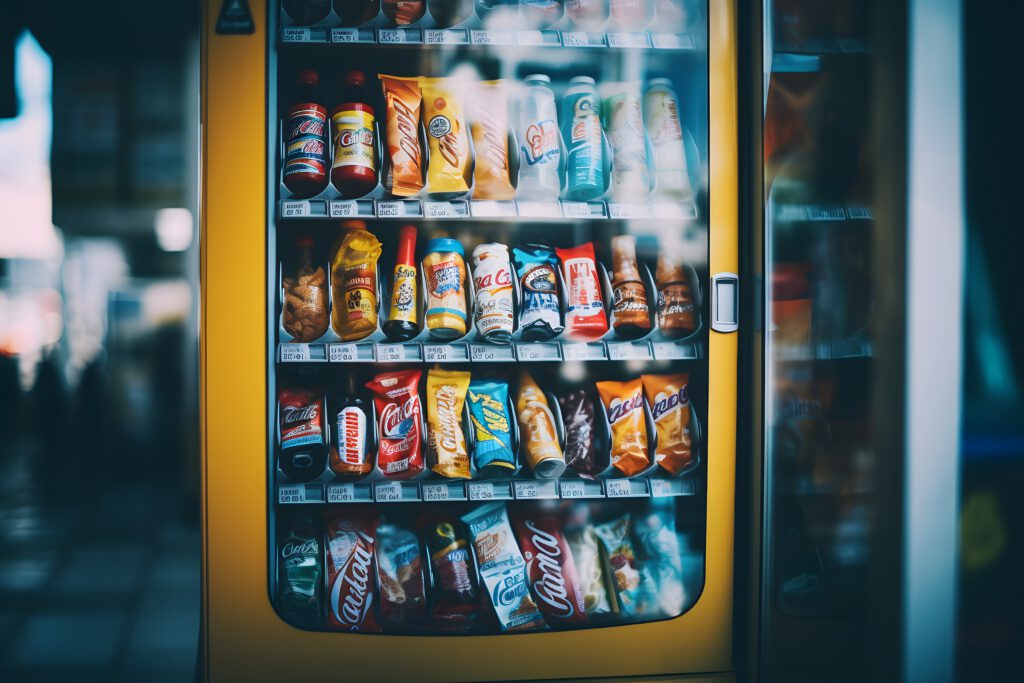 Moderner Automat mit fiktiven Snacks gefüllt