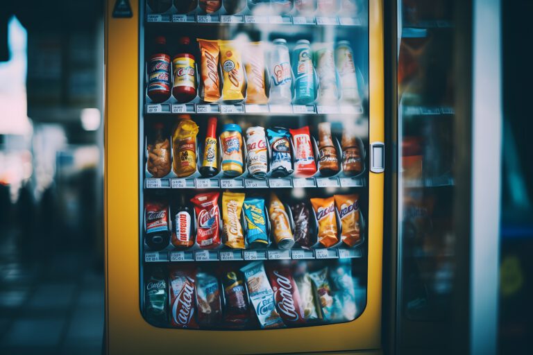 Moderner Automat mit fiktiven Snacks gefüllt